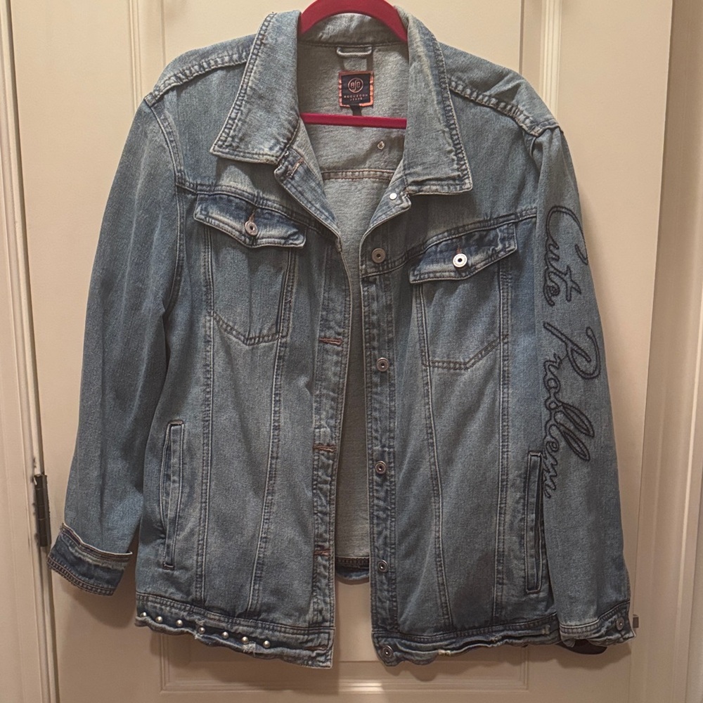 NWOT Boom Boom Jeans Light Blue Embroidered Denim Jacket WITH PATCHWORK